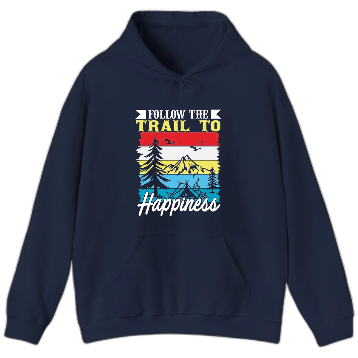 Striped landscape illustration with 'Follow The Trail To Happiness' text, featuring camping, hiking, and outdoor silhouettes across forest, mountain, and water scenes. in Navy