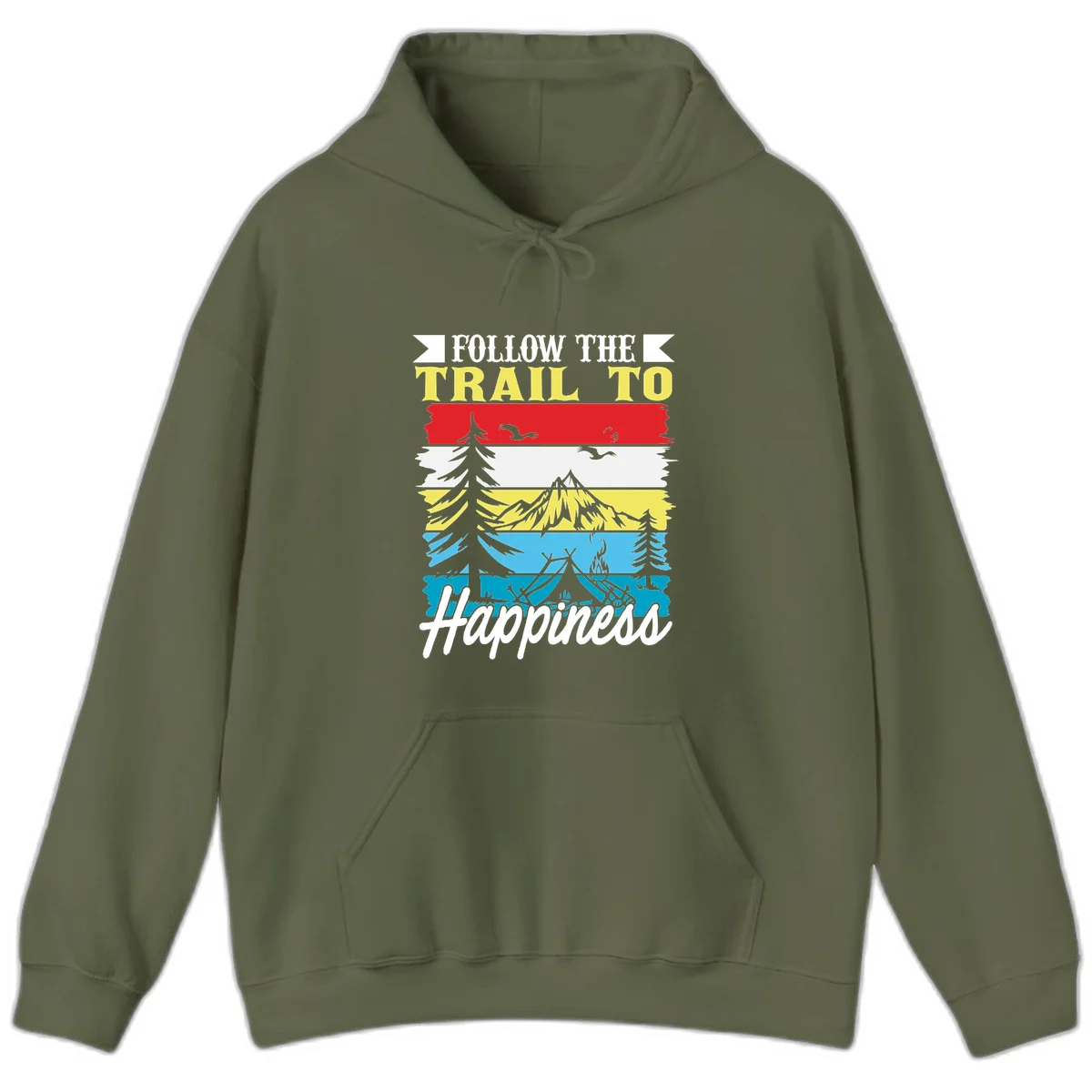 Striped landscape illustration with 'Follow The Trail To Happiness' text, featuring camping, hiking, and outdoor silhouettes across forest, mountain, and water scenes. in Military Green