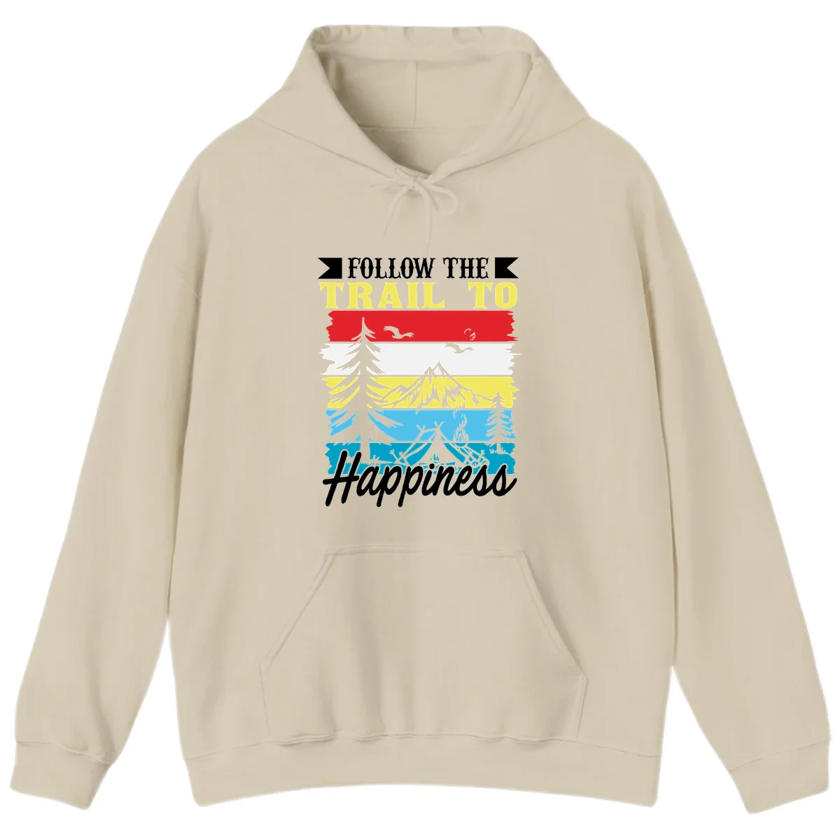 Striped landscape illustration with 'Follow The Trail To Happiness' text, featuring camping, hiking, and outdoor silhouettes across forest, mountain, and water scenes. in Sand