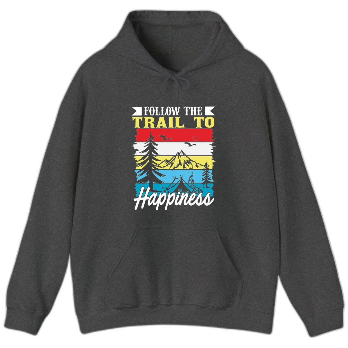 Striped landscape illustration with 'Follow The Trail To Happiness' text, featuring camping, hiking, and outdoor silhouettes across forest, mountain, and water scenes. in Dark Heather