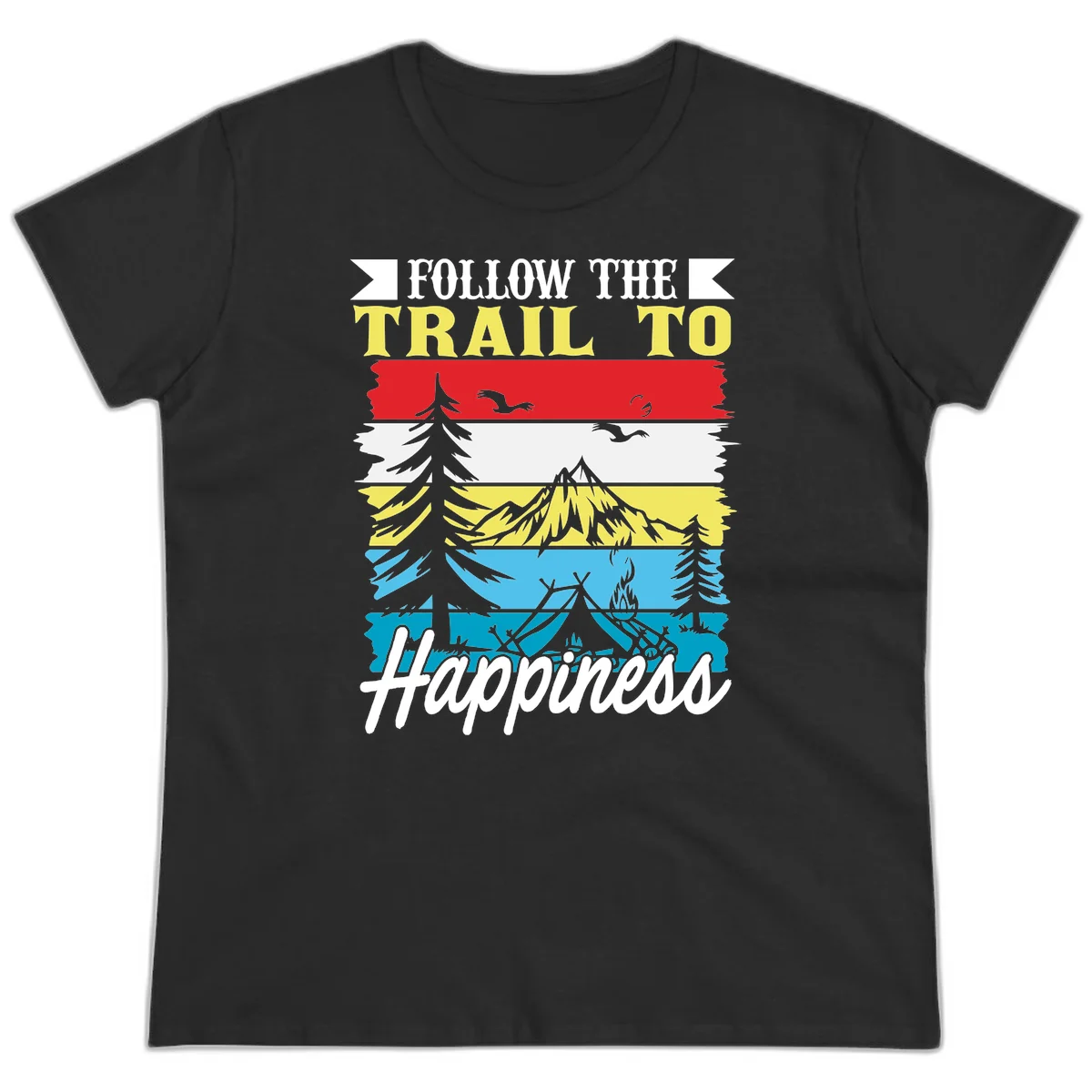 Striped landscape illustration with 'Follow The Trail To Happiness' text, featuring camping, hiking, and outdoor silhouettes across forest, mountain, and water scenes. in Black