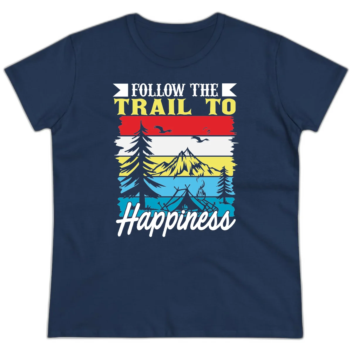 Striped landscape illustration with 'Follow The Trail To Happiness' text, featuring camping, hiking, and outdoor silhouettes across forest, mountain, and water scenes. in Navy