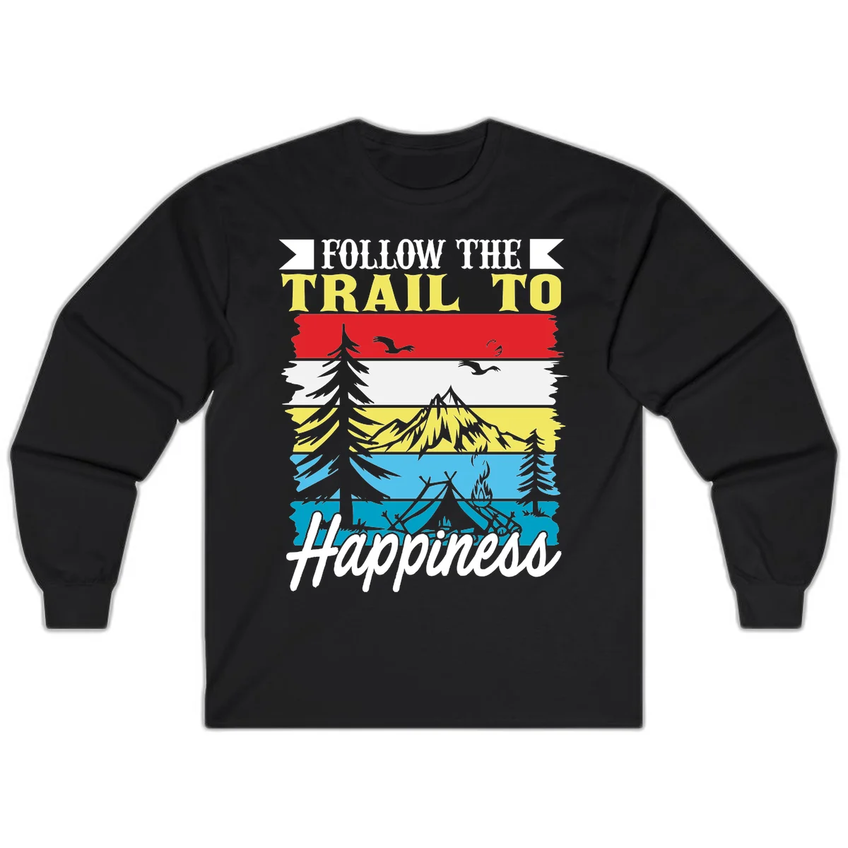 Striped landscape illustration with 'Follow The Trail To Happiness' text, featuring camping, hiking, and outdoor silhouettes across forest, mountain, and water scenes. in Black