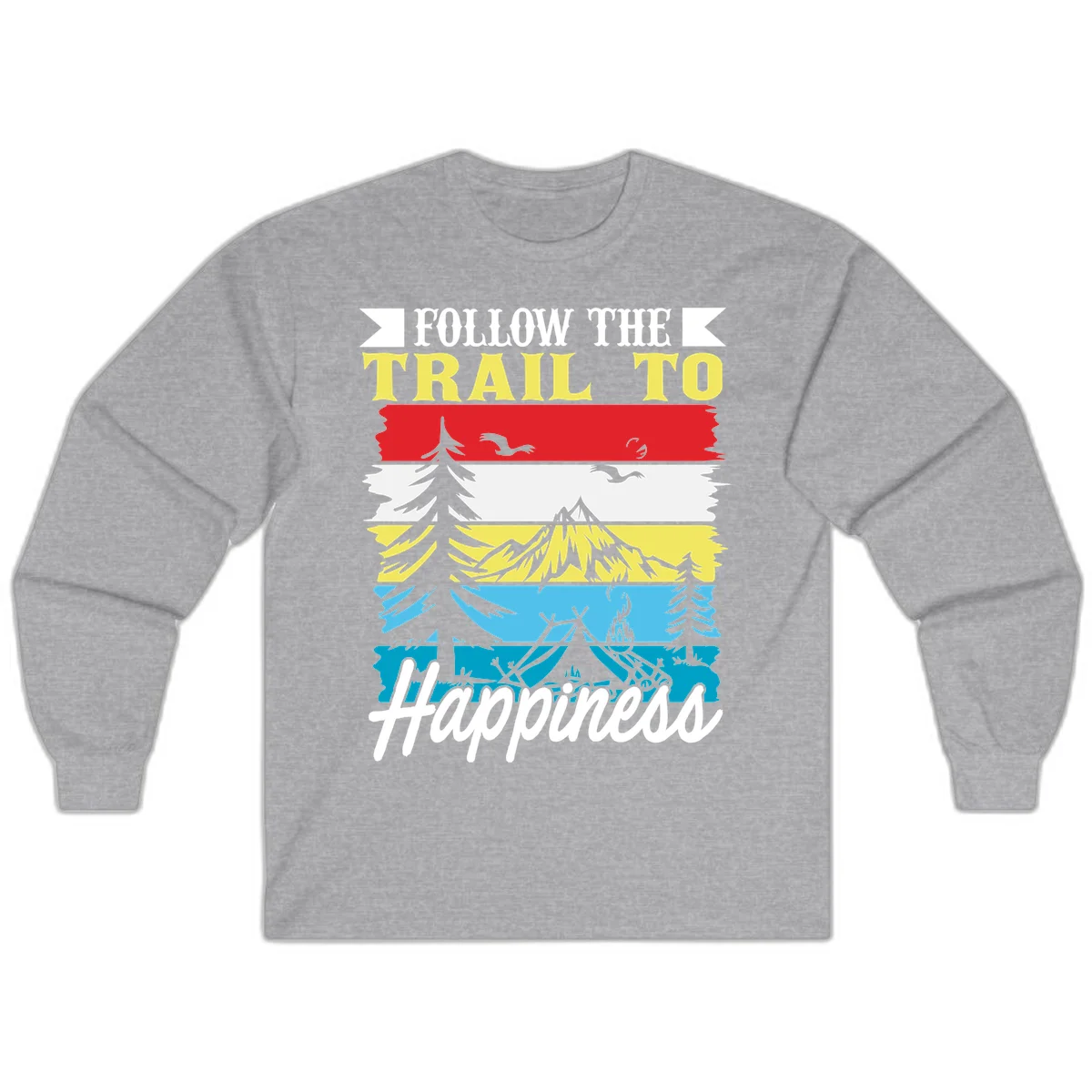 Striped landscape illustration with 'Follow The Trail To Happiness' text, featuring camping, hiking, and outdoor silhouettes across forest, mountain, and water scenes. in Sport Grey