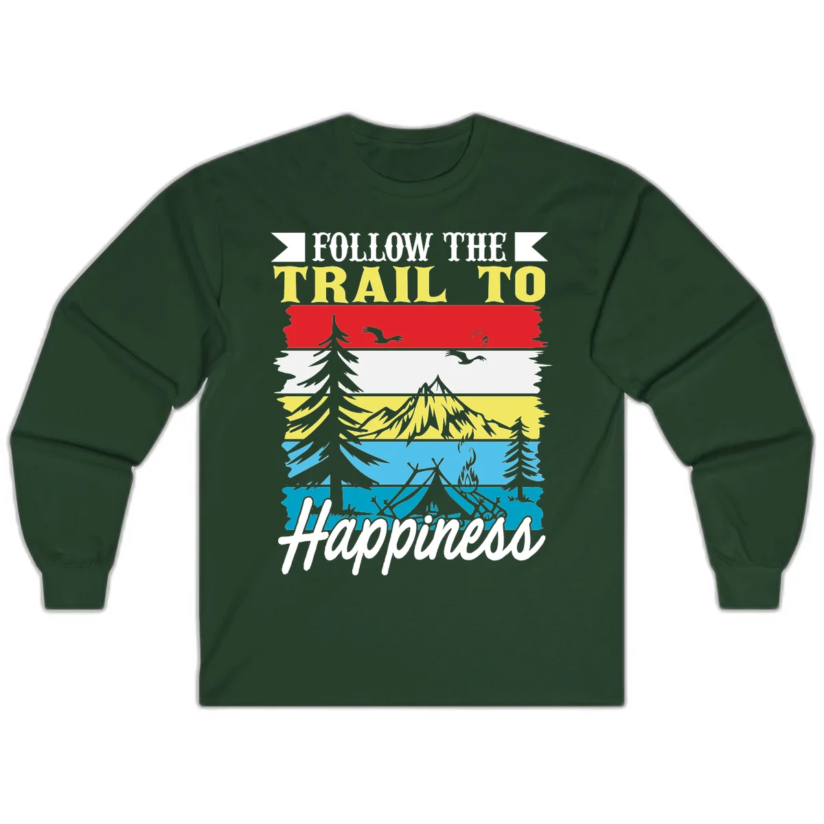 Striped landscape illustration with 'Follow The Trail To Happiness' text, featuring camping, hiking, and outdoor silhouettes across forest, mountain, and water scenes. in Forest Green