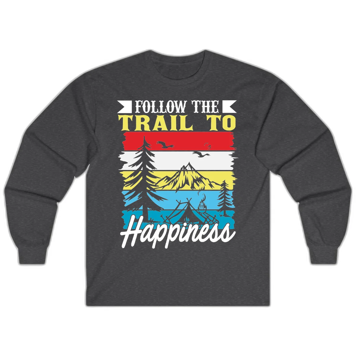 Striped landscape illustration with 'Follow The Trail To Happiness' text, featuring camping, hiking, and outdoor silhouettes across forest, mountain, and water scenes. in Dark Heather