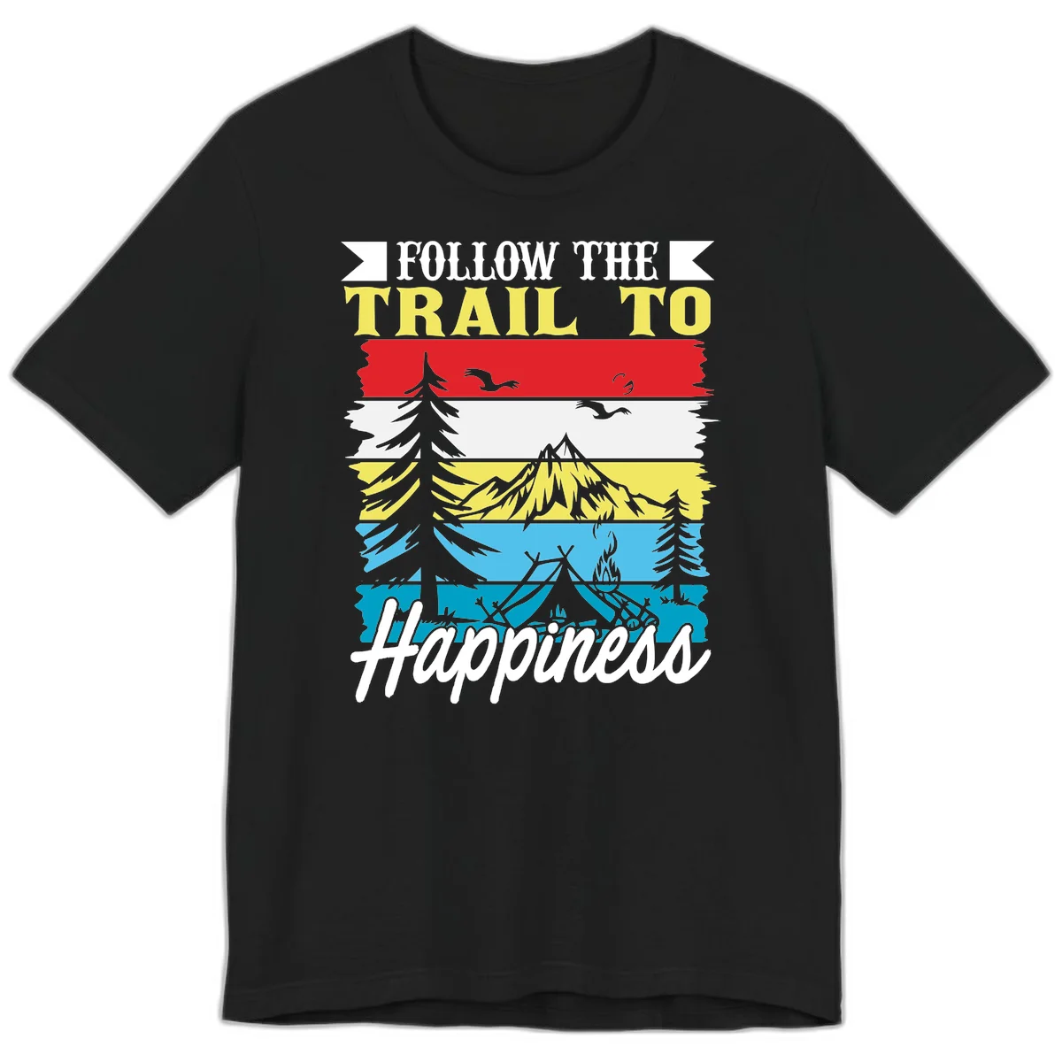 Striped landscape illustration with 'Follow The Trail To Happiness' text, featuring camping, hiking, and outdoor silhouettes across forest, mountain, and water scenes. in Black
