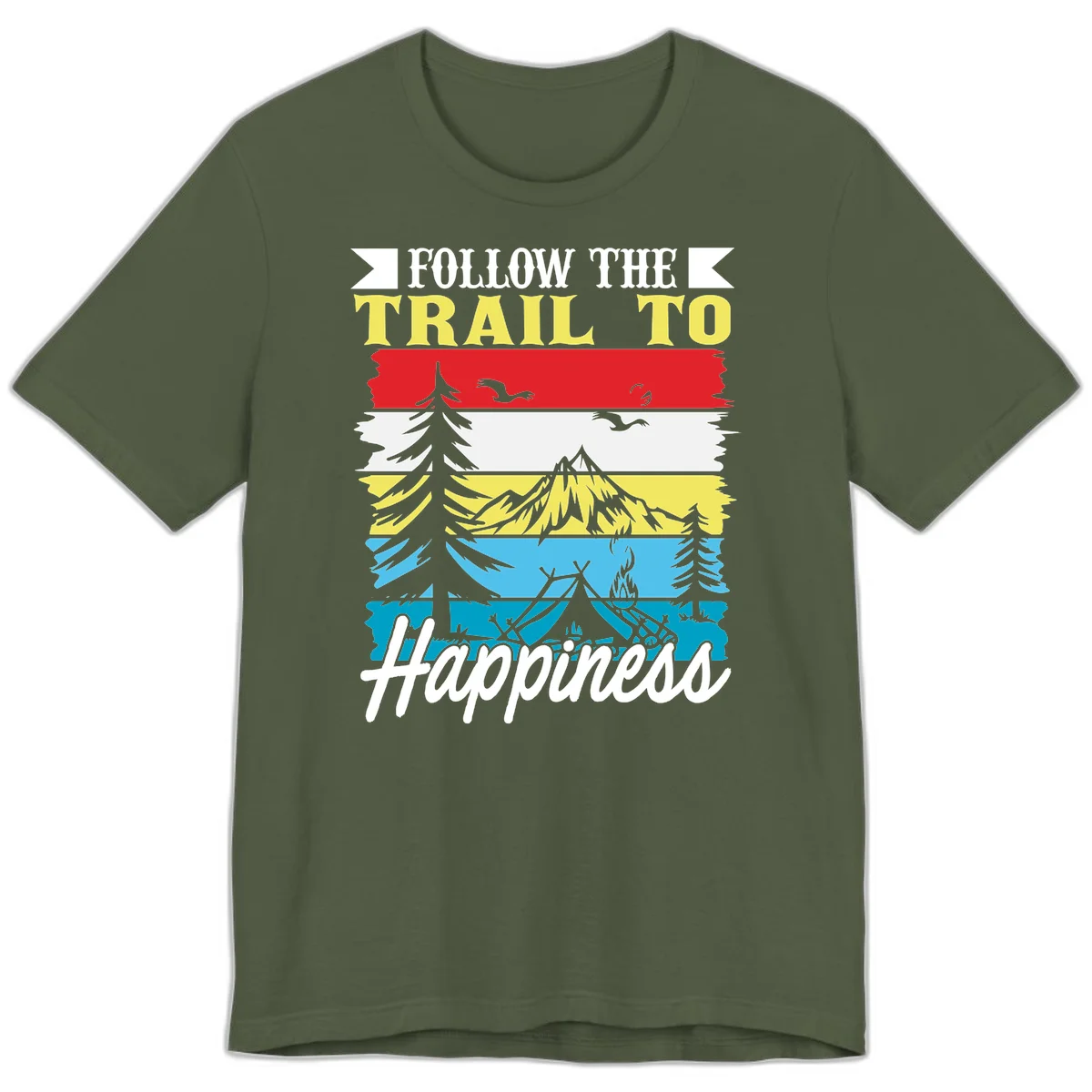 Striped landscape illustration with 'Follow The Trail To Happiness' text, featuring camping, hiking, and outdoor silhouettes across forest, mountain, and water scenes. in Military Green