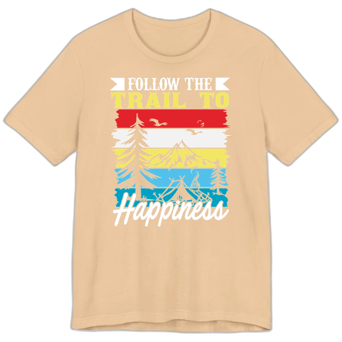 Striped landscape illustration with 'Follow The Trail To Happiness' text, featuring camping, hiking, and outdoor silhouettes across forest, mountain, and water scenes. in Sand Dune