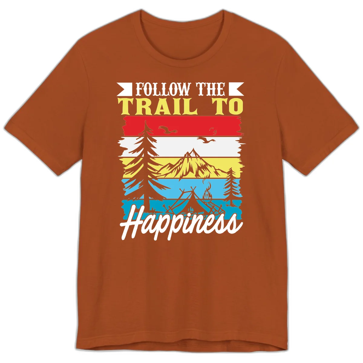 Striped landscape illustration with 'Follow The Trail To Happiness' text, featuring camping, hiking, and outdoor silhouettes across forest, mountain, and water scenes. in Autumn