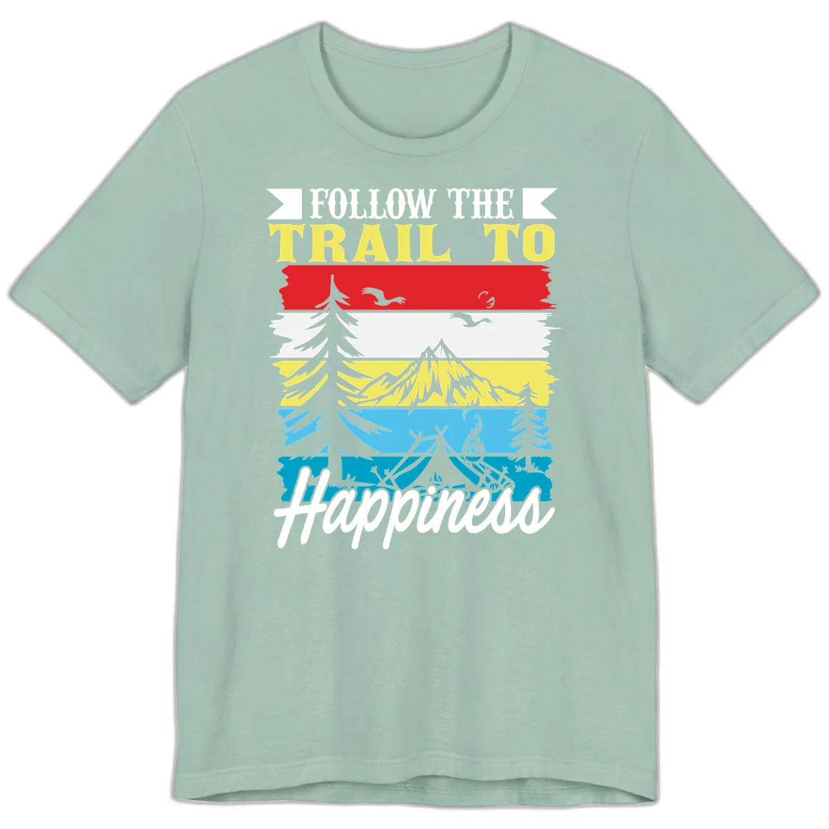 Striped landscape illustration with 'Follow The Trail To Happiness' text, featuring camping, hiking, and outdoor silhouettes across forest, mountain, and water scenes. in Dusty Blue