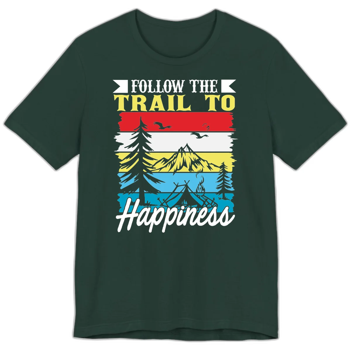 Striped landscape illustration with 'Follow The Trail To Happiness' text, featuring camping, hiking, and outdoor silhouettes across forest, mountain, and water scenes. in Forest