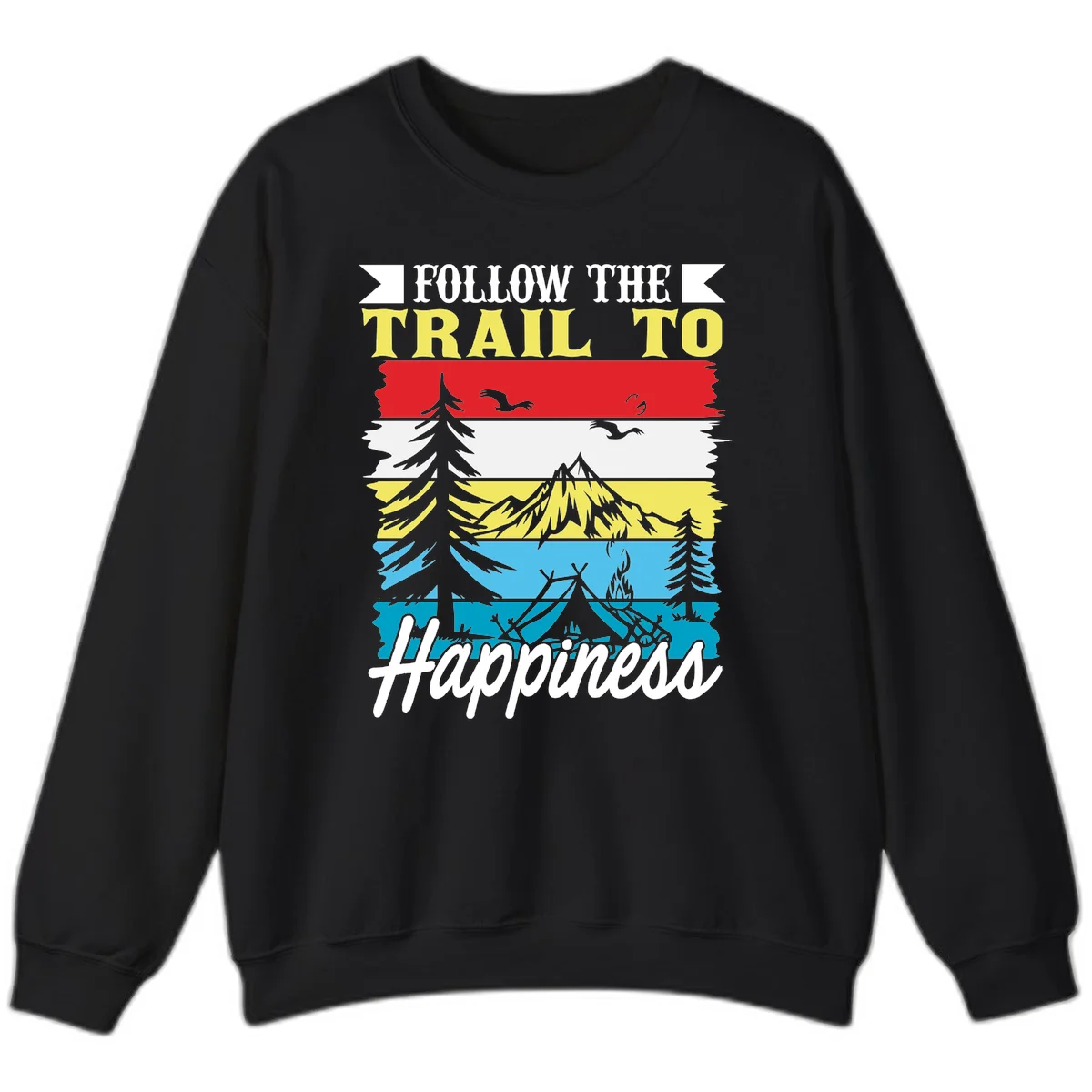 Striped landscape illustration with 'Follow The Trail To Happiness' text, featuring camping, hiking, and outdoor silhouettes across forest, mountain, and water scenes. in Black