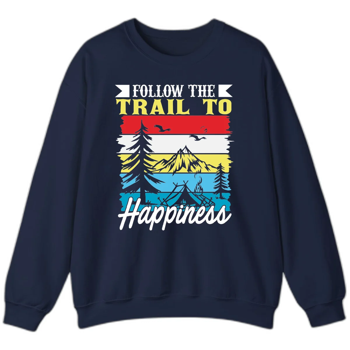 Striped landscape illustration with 'Follow The Trail To Happiness' text, featuring camping, hiking, and outdoor silhouettes across forest, mountain, and water scenes. in Navy