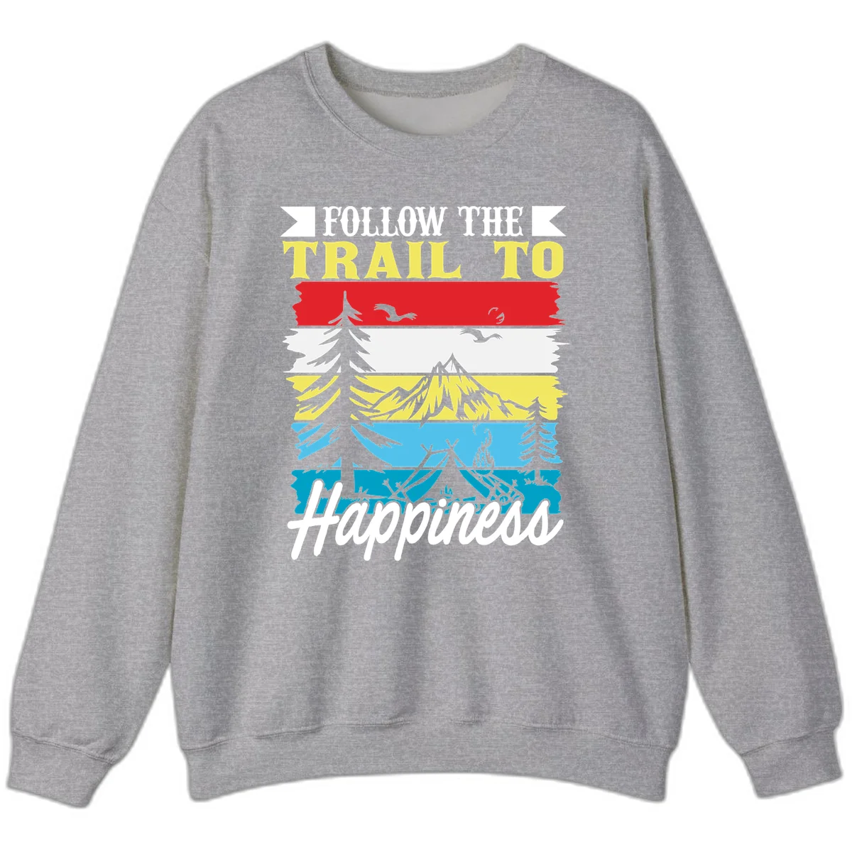 Striped landscape illustration with 'Follow The Trail To Happiness' text, featuring camping, hiking, and outdoor silhouettes across forest, mountain, and water scenes. in Sport Grey