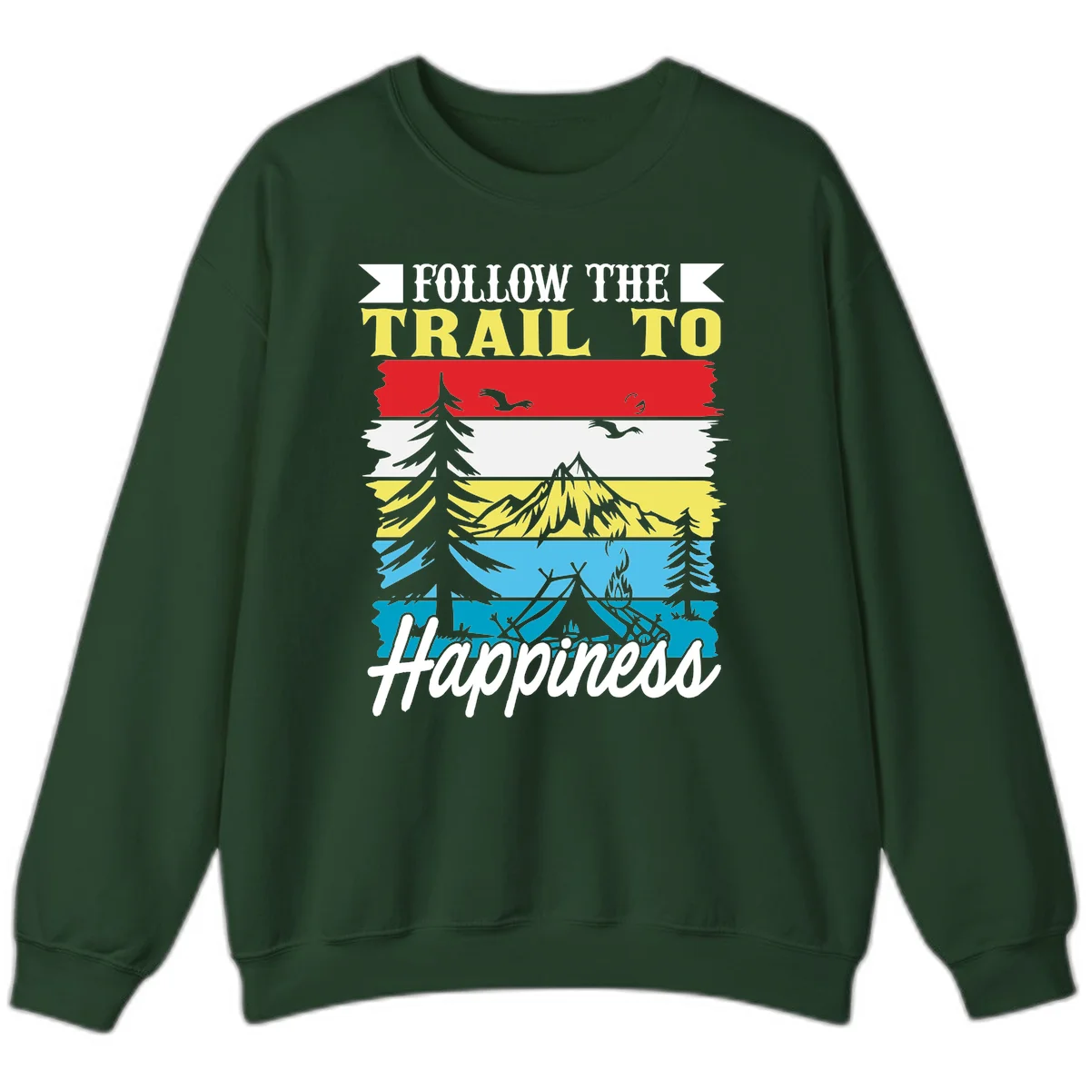 Striped landscape illustration with 'Follow The Trail To Happiness' text, featuring camping, hiking, and outdoor silhouettes across forest, mountain, and water scenes. in Forest Green