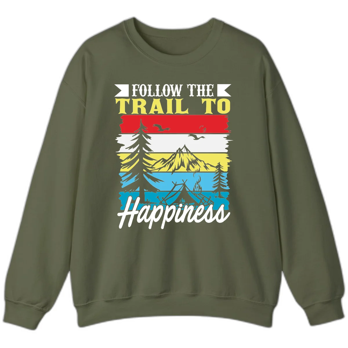 Striped landscape illustration with 'Follow The Trail To Happiness' text, featuring camping, hiking, and outdoor silhouettes across forest, mountain, and water scenes. in Military Green