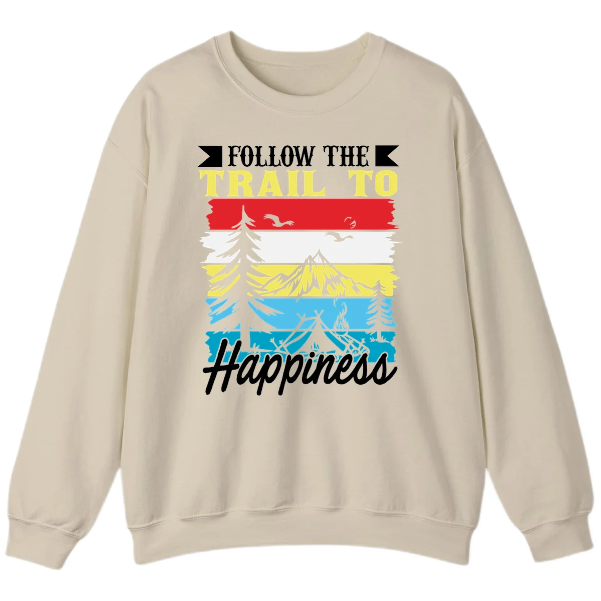 Striped landscape illustration with 'Follow The Trail To Happiness' text, featuring camping, hiking, and outdoor silhouettes across forest, mountain, and water scenes. in Sand