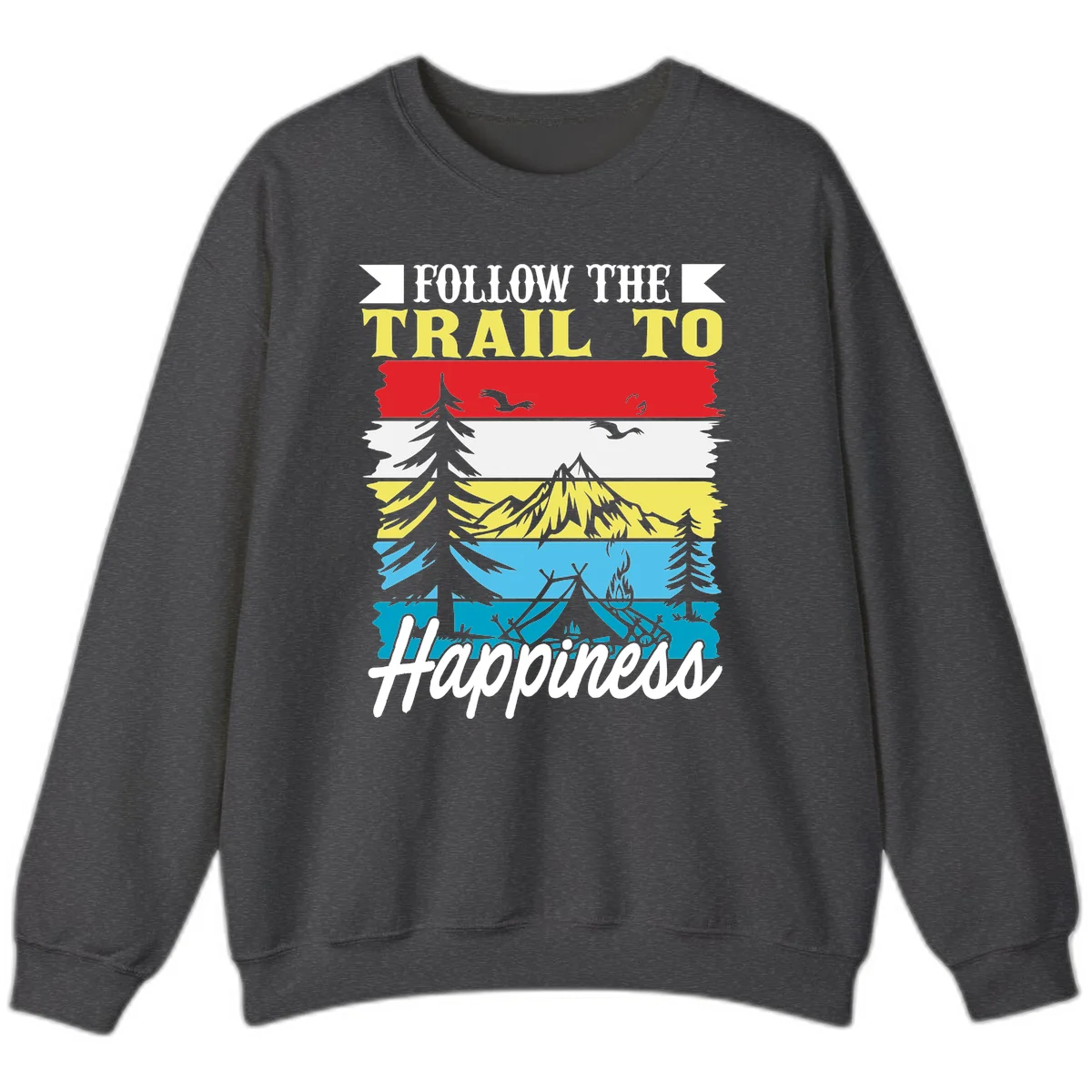 Striped landscape illustration with 'Follow The Trail To Happiness' text, featuring camping, hiking, and outdoor silhouettes across forest, mountain, and water scenes. in Dark Heather