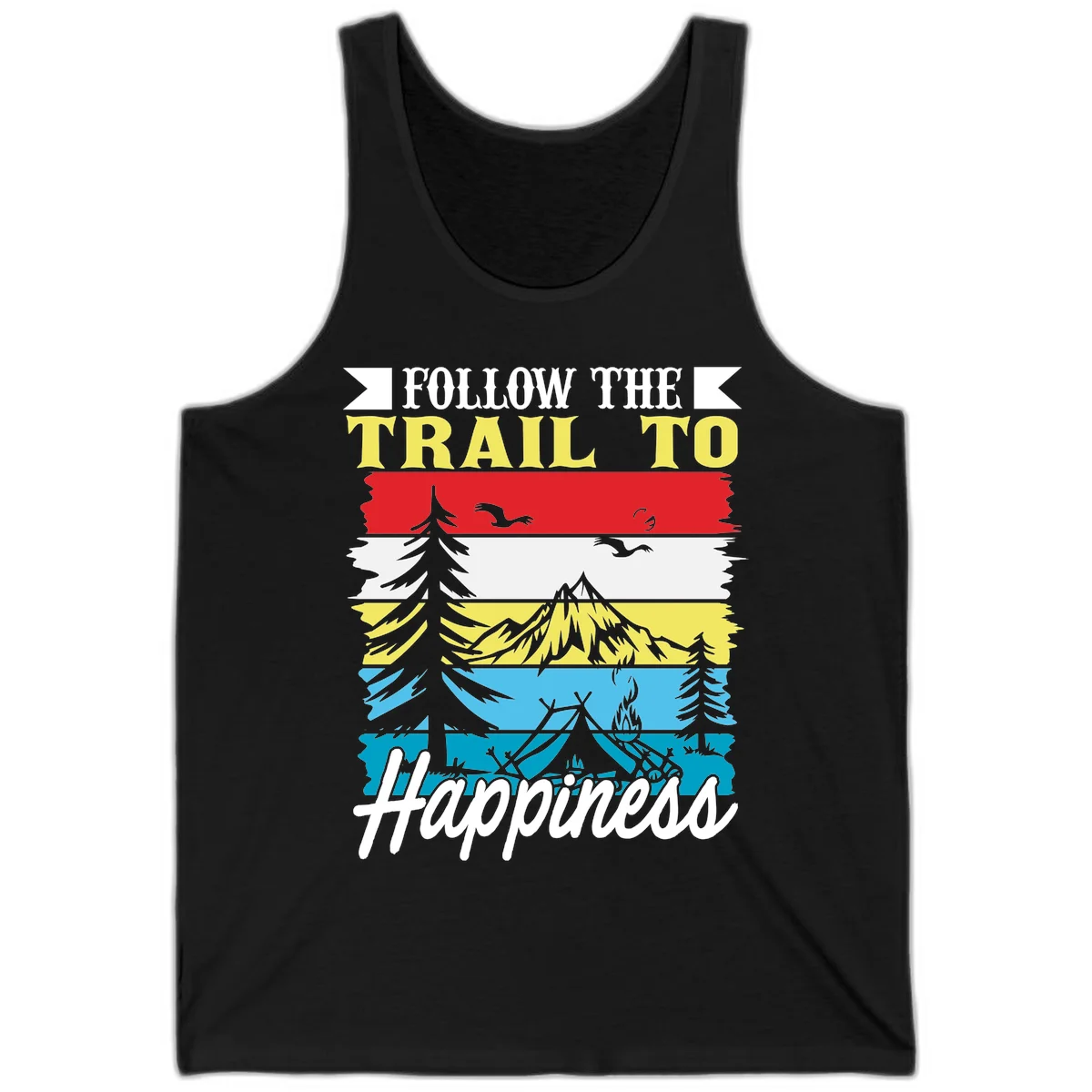 Striped landscape illustration with 'Follow The Trail To Happiness' text, featuring camping, hiking, and outdoor silhouettes across forest, mountain, and water scenes. in Black