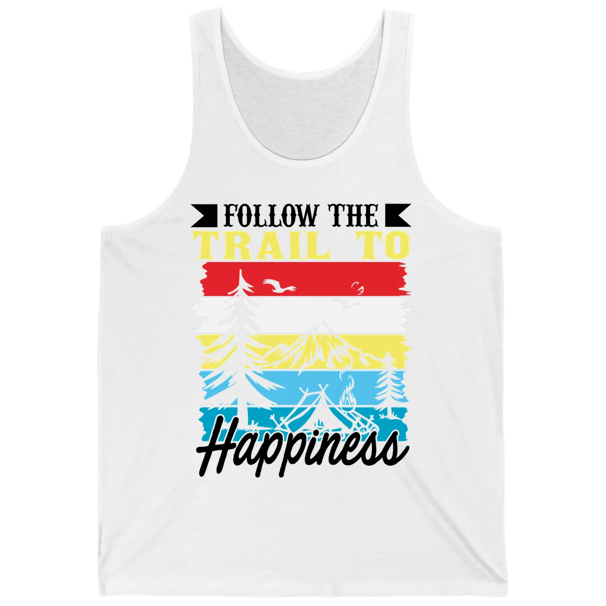 Striped landscape illustration with 'Follow The Trail To Happiness' text, featuring camping, hiking, and outdoor silhouettes across forest, mountain, and water scenes. in White