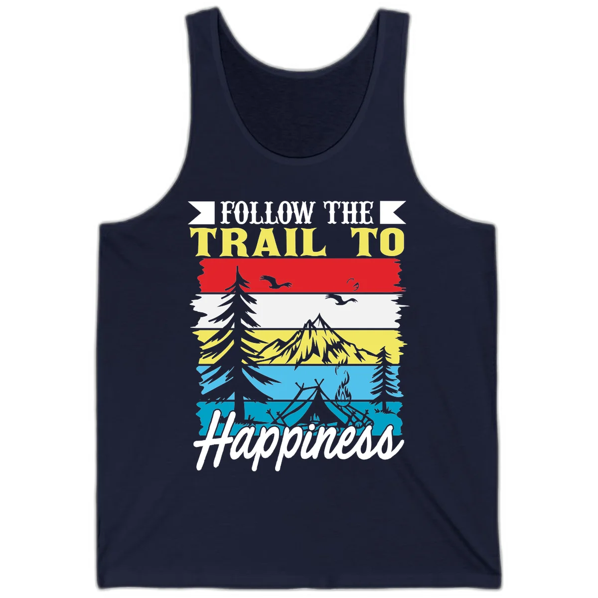 Striped landscape illustration with 'Follow The Trail To Happiness' text, featuring camping, hiking, and outdoor silhouettes across forest, mountain, and water scenes. in Navy