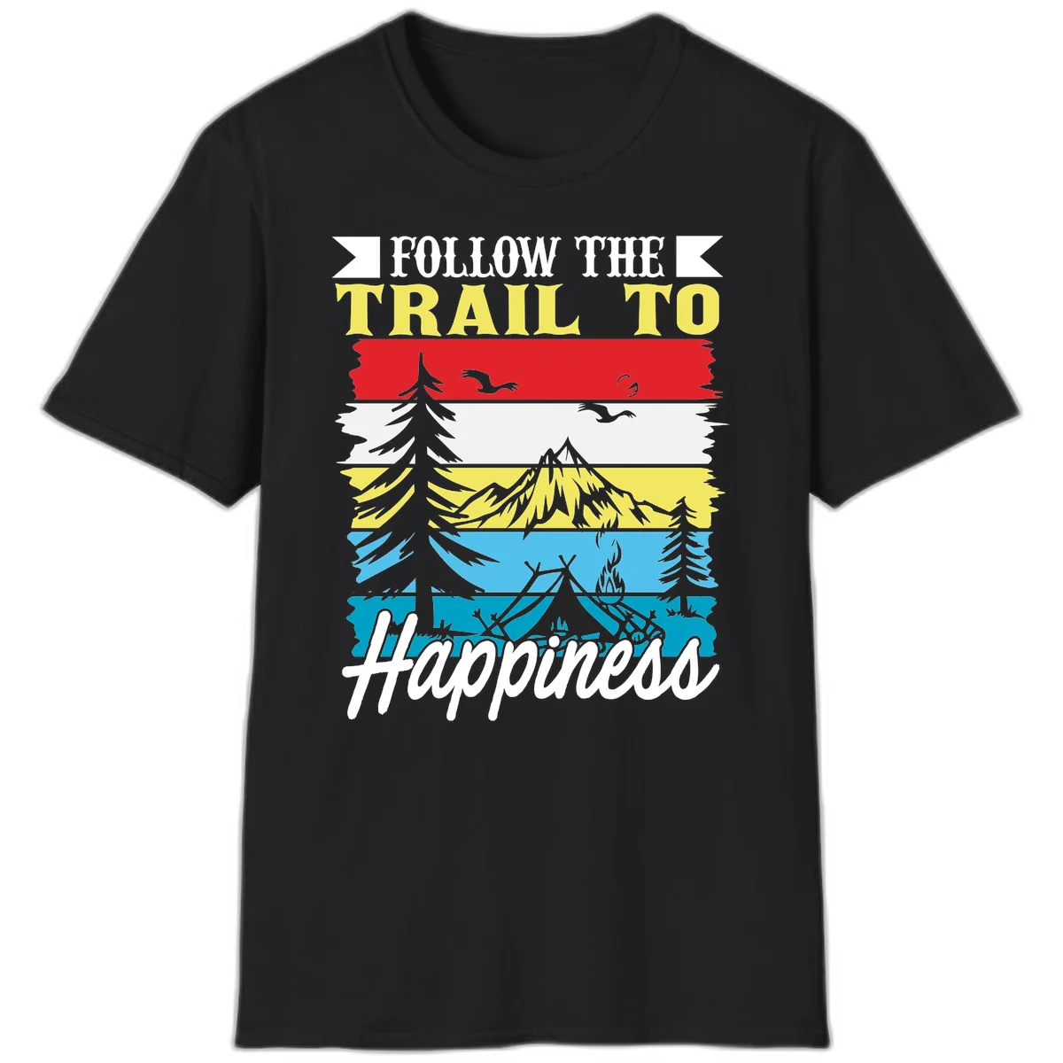 Striped landscape illustration with 'Follow The Trail To Happiness' text, featuring camping, hiking, and outdoor silhouettes across forest, mountain, and water scenes. in Black