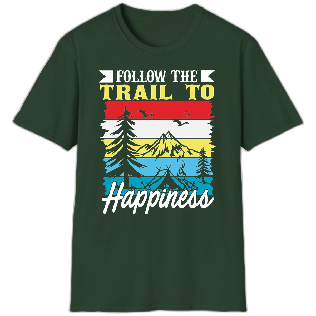 Striped landscape illustration with 'Follow The Trail To Happiness' text, featuring camping, hiking, and outdoor silhouettes across forest, mountain, and water scenes. in Forest Green