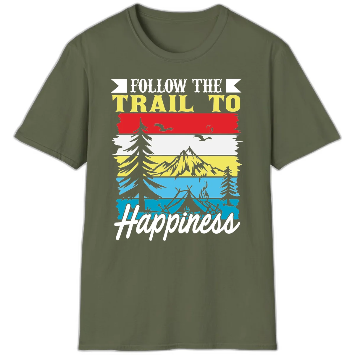 Striped landscape illustration with 'Follow The Trail To Happiness' text, featuring camping, hiking, and outdoor silhouettes across forest, mountain, and water scenes. in Military Green