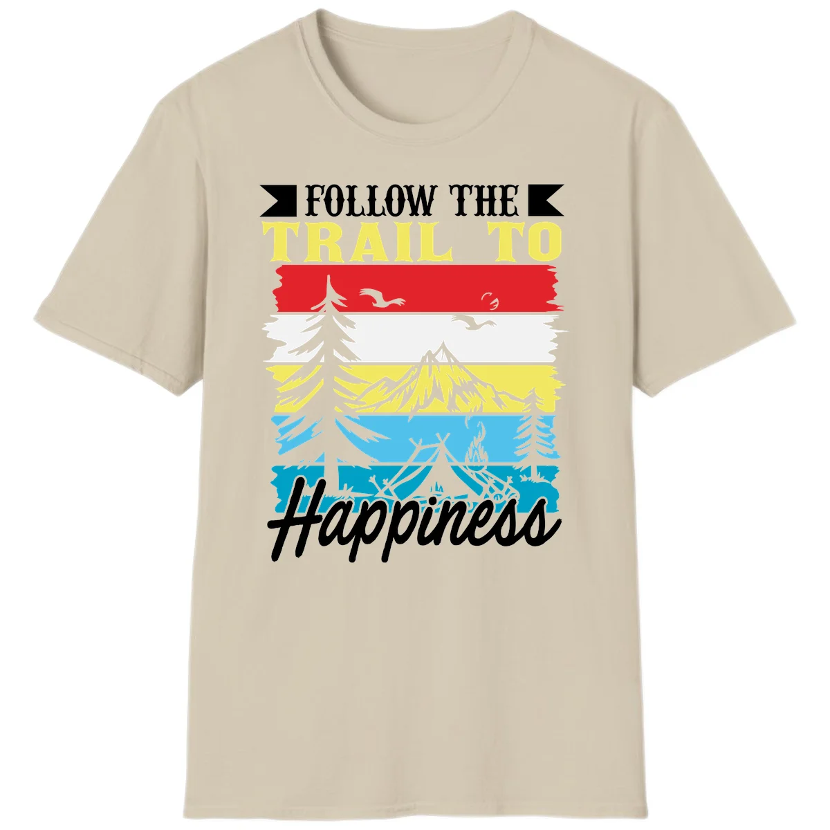Striped landscape illustration with 'Follow The Trail To Happiness' text, featuring camping, hiking, and outdoor silhouettes across forest, mountain, and water scenes. in Sand