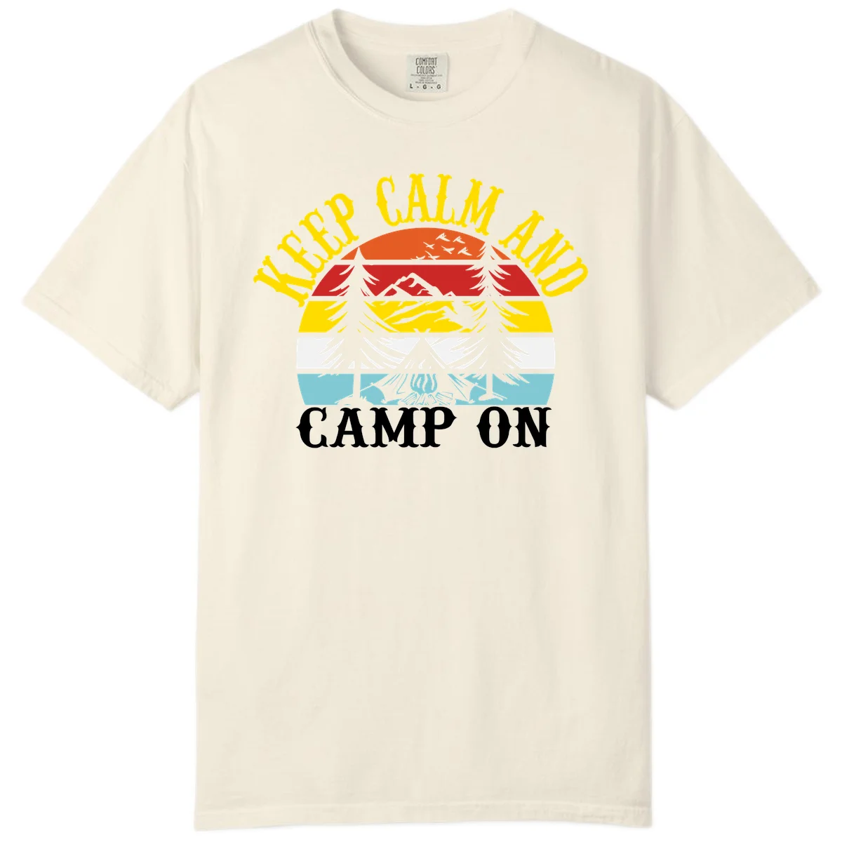 Keep Calm and Camp On design with colorful horizontal stripes, tree roots, and camping-themed text banner in Ivory