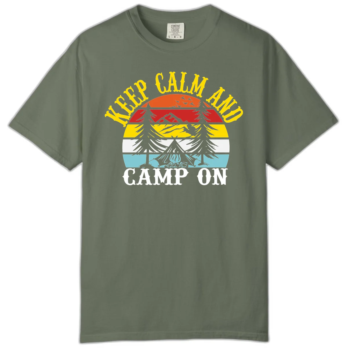 Keep Calm and Camp On design with colorful horizontal stripes, tree roots, and camping-themed text banner in Moss