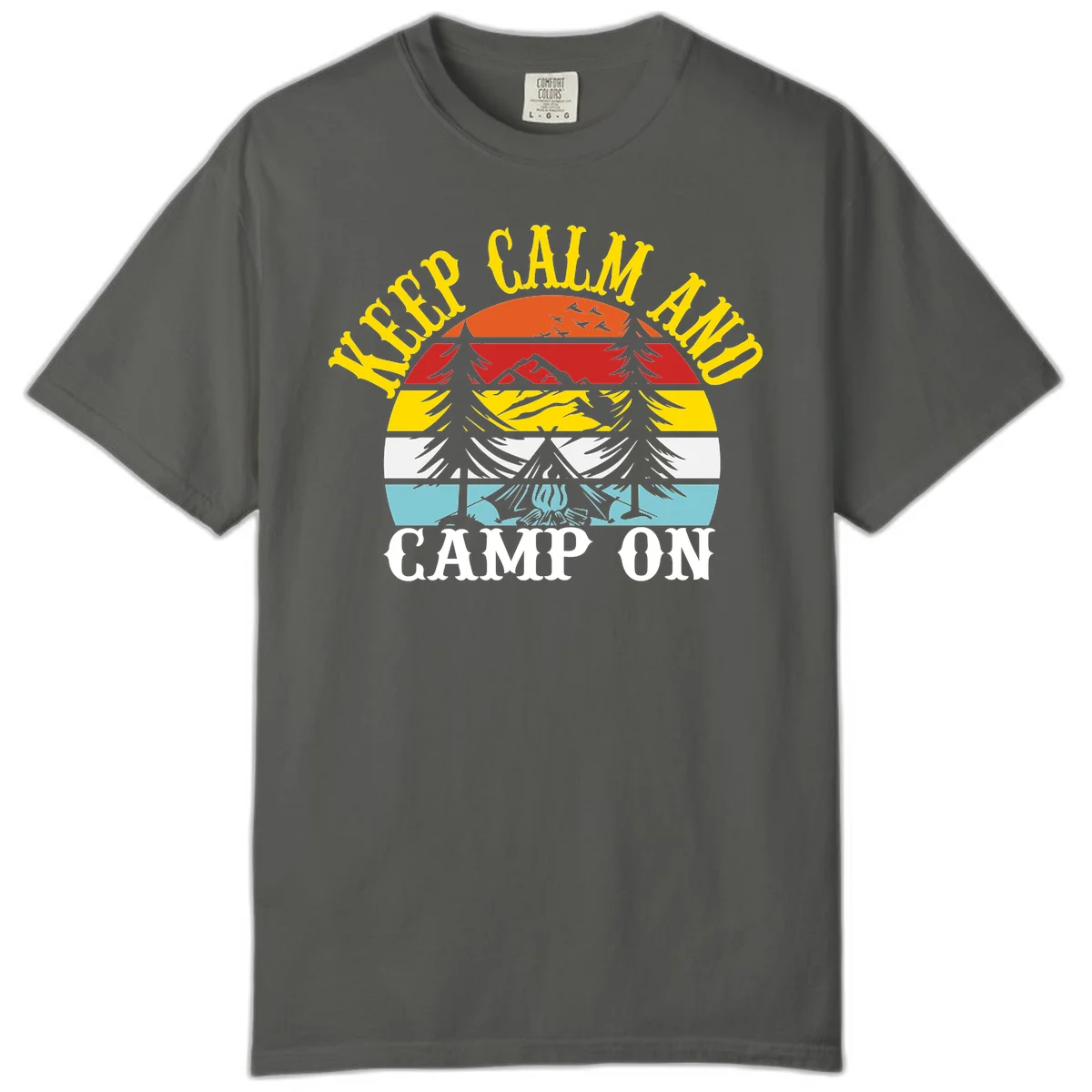 Keep Calm and Camp On design with colorful horizontal stripes, tree roots, and camping-themed text banner in Pepper