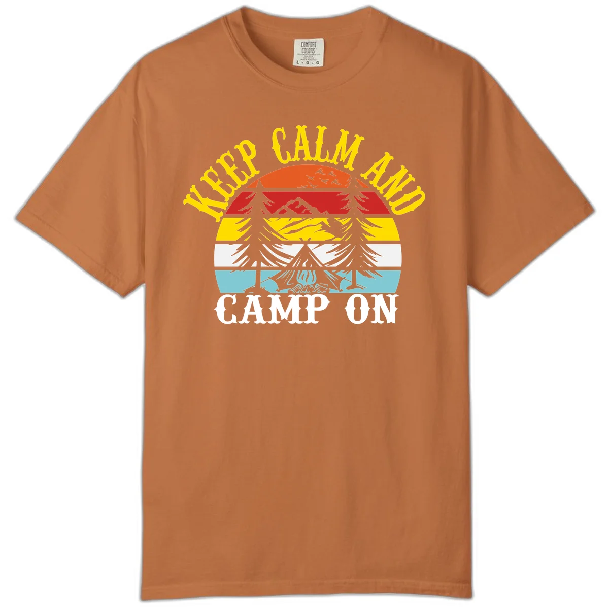 Keep Calm and Camp On design with colorful horizontal stripes, tree roots, and camping-themed text banner in Yam