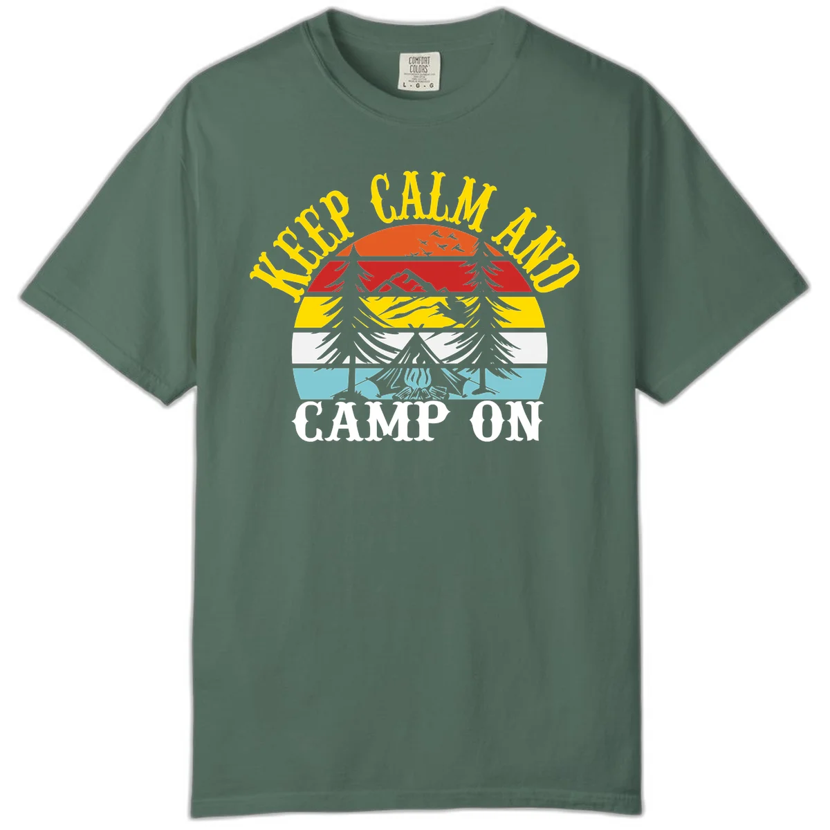 Keep Calm and Camp On design with colorful horizontal stripes, tree roots, and camping-themed text banner in Blue Spruce