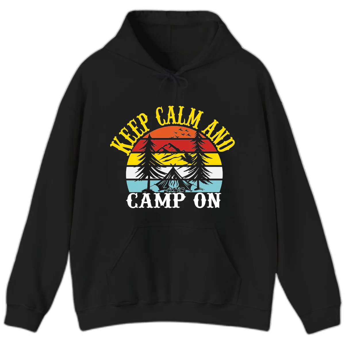 Keep Calm and Camp On design with colorful horizontal stripes, tree roots, and camping-themed text banner in Black