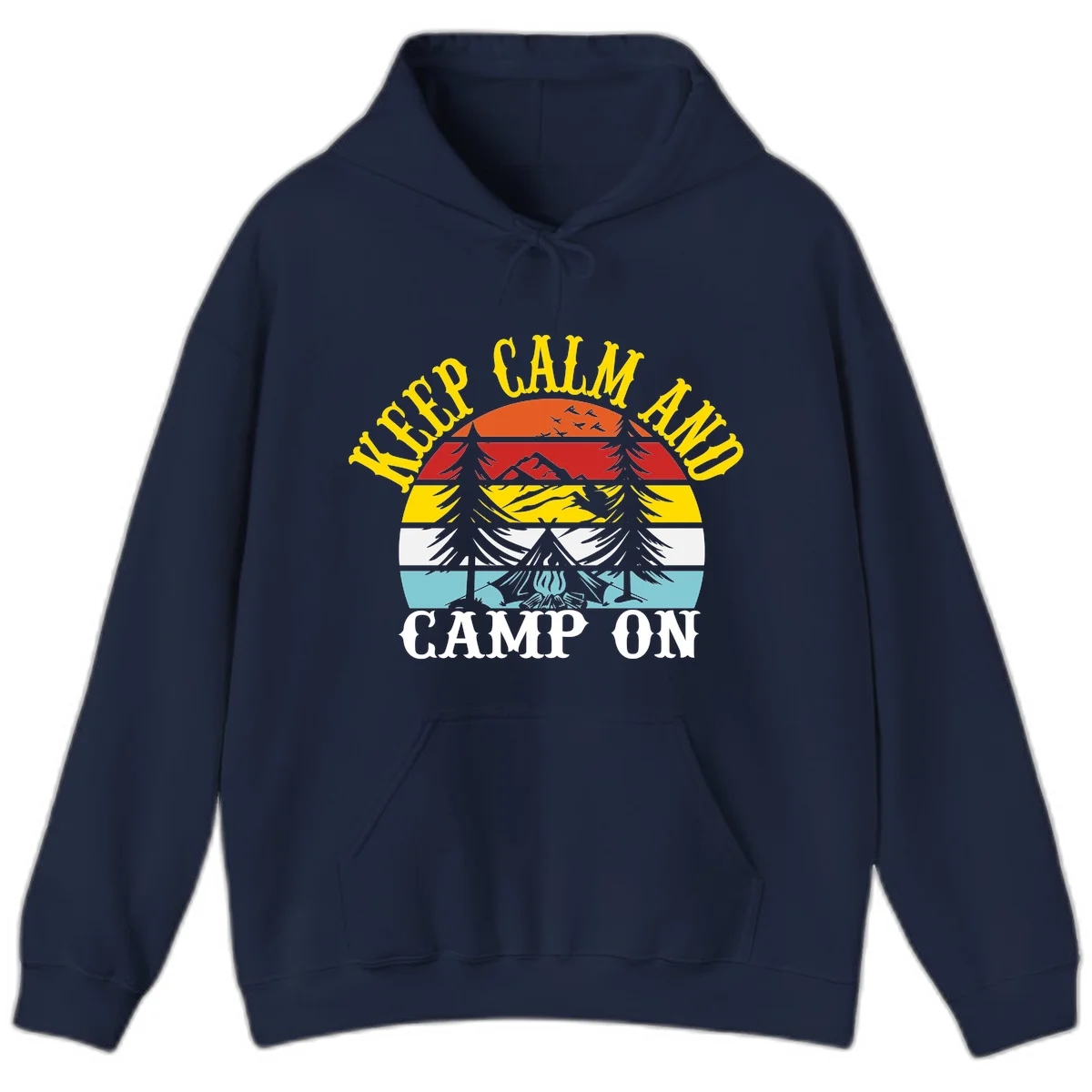 Keep Calm and Camp On design with colorful horizontal stripes, tree roots, and camping-themed text banner in Navy