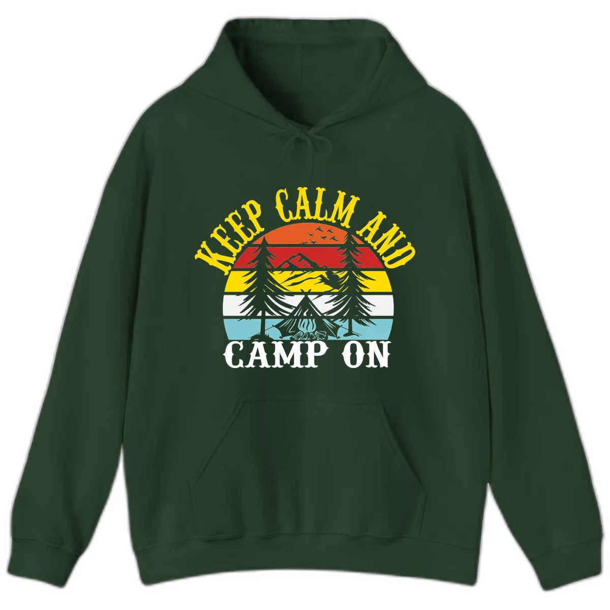 Keep Calm and Camp On design with colorful horizontal stripes, tree roots, and camping-themed text banner in Forest Green