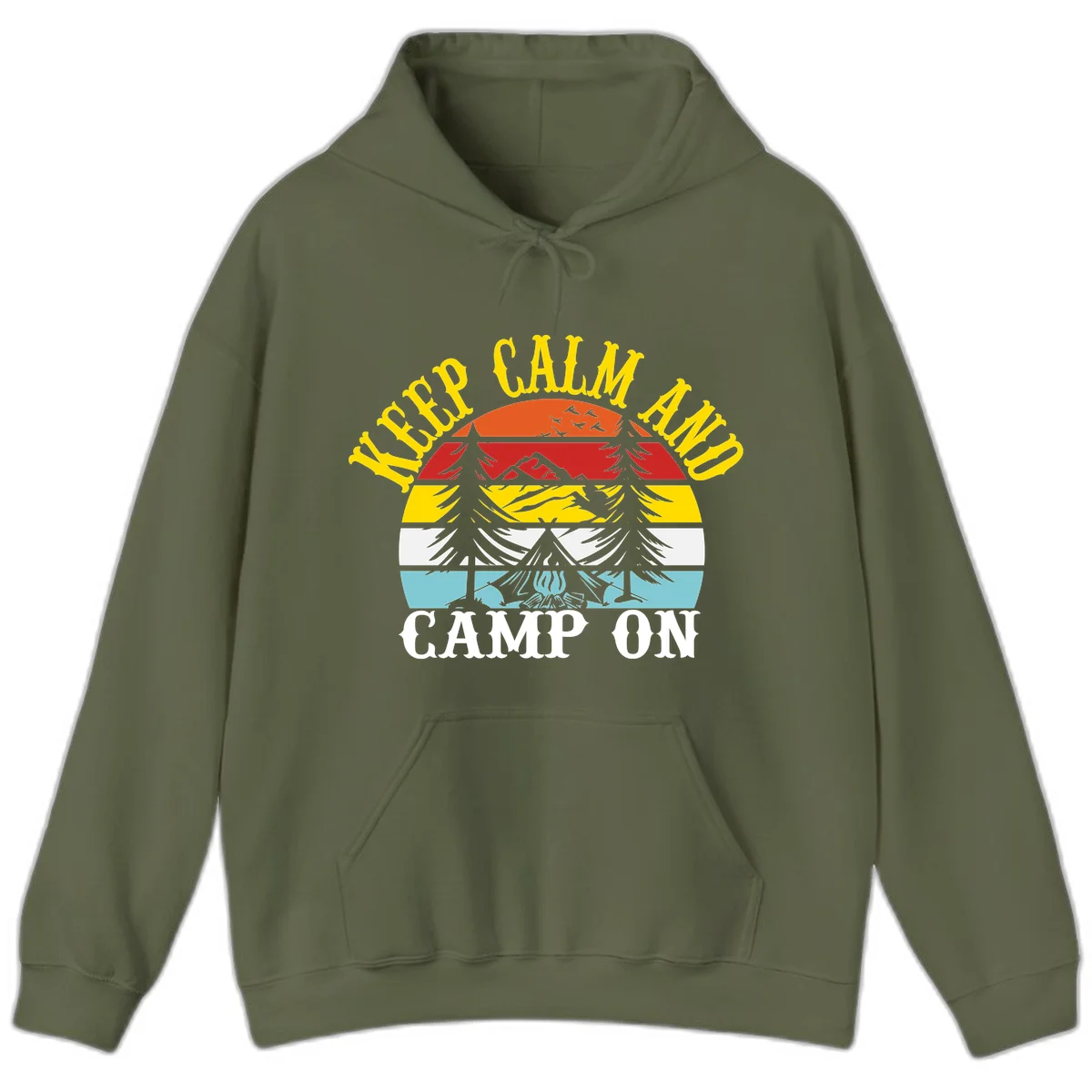 Keep Calm and Camp On design with colorful horizontal stripes, tree roots, and camping-themed text banner in Military Green