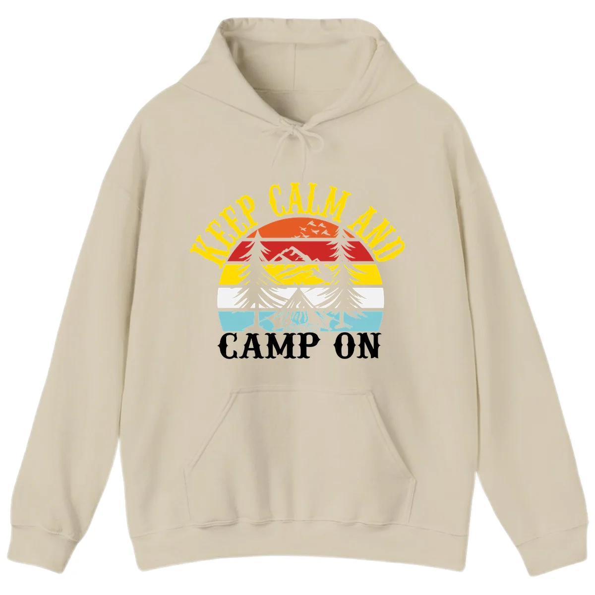 Keep Calm and Camp On design with colorful horizontal stripes, tree roots, and camping-themed text banner in Sand