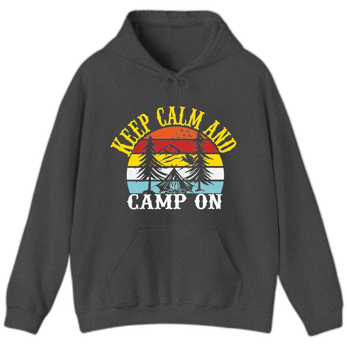 Keep Calm and Camp On design with colorful horizontal stripes, tree roots, and camping-themed text banner in Dark Heather