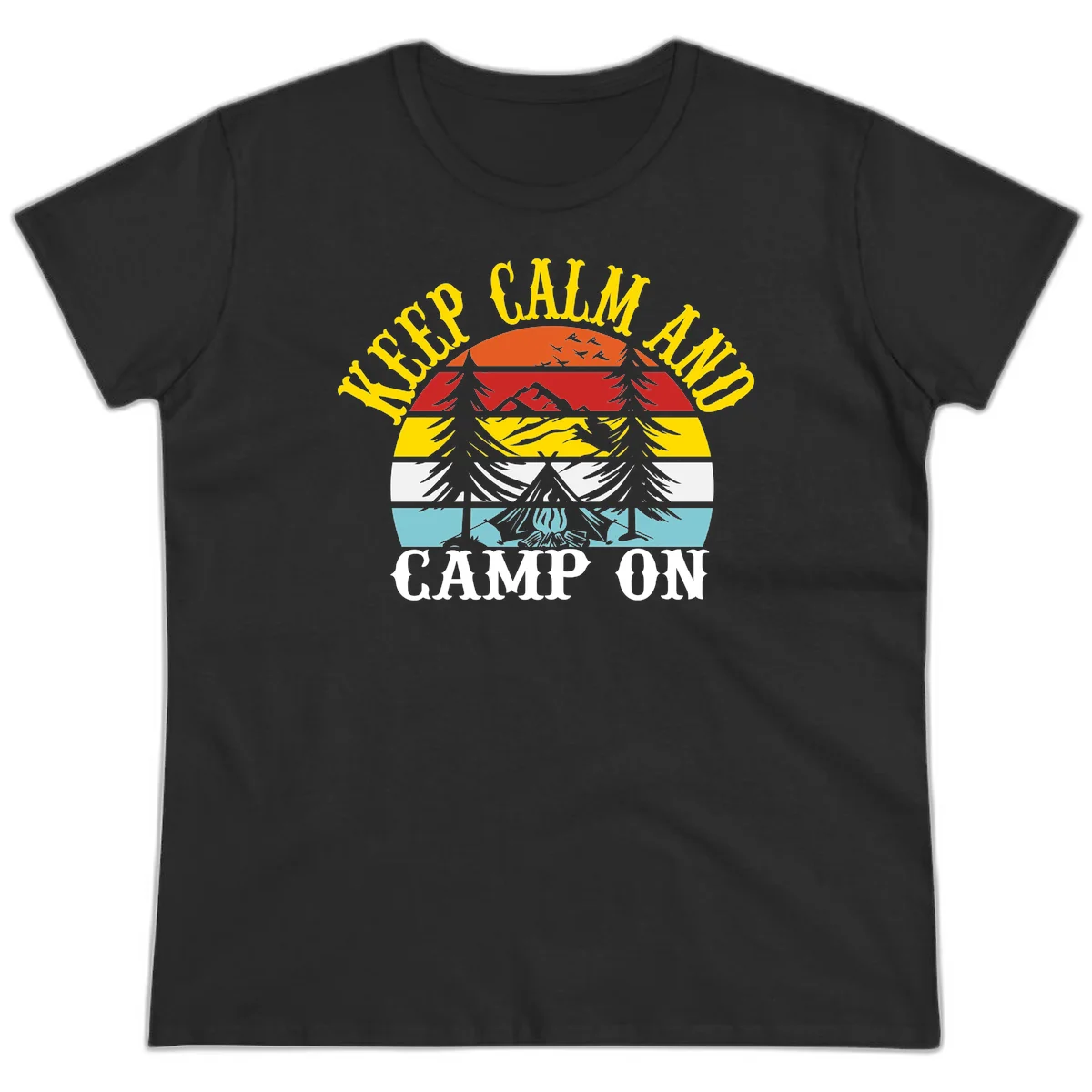Keep Calm and Camp On design with colorful horizontal stripes, tree roots, and camping-themed text banner in Black
