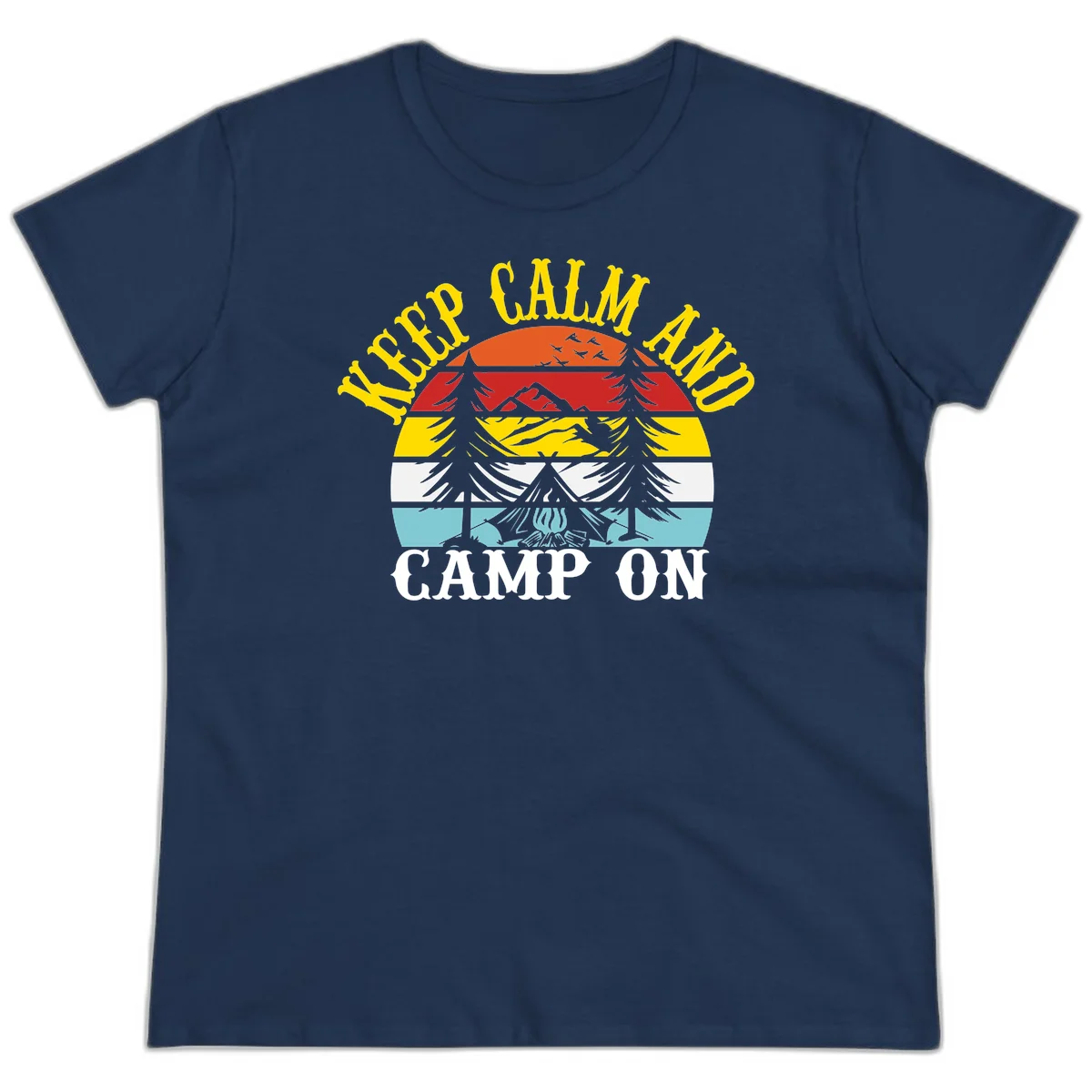 Keep Calm and Camp On design with colorful horizontal stripes, tree roots, and camping-themed text banner in Navy