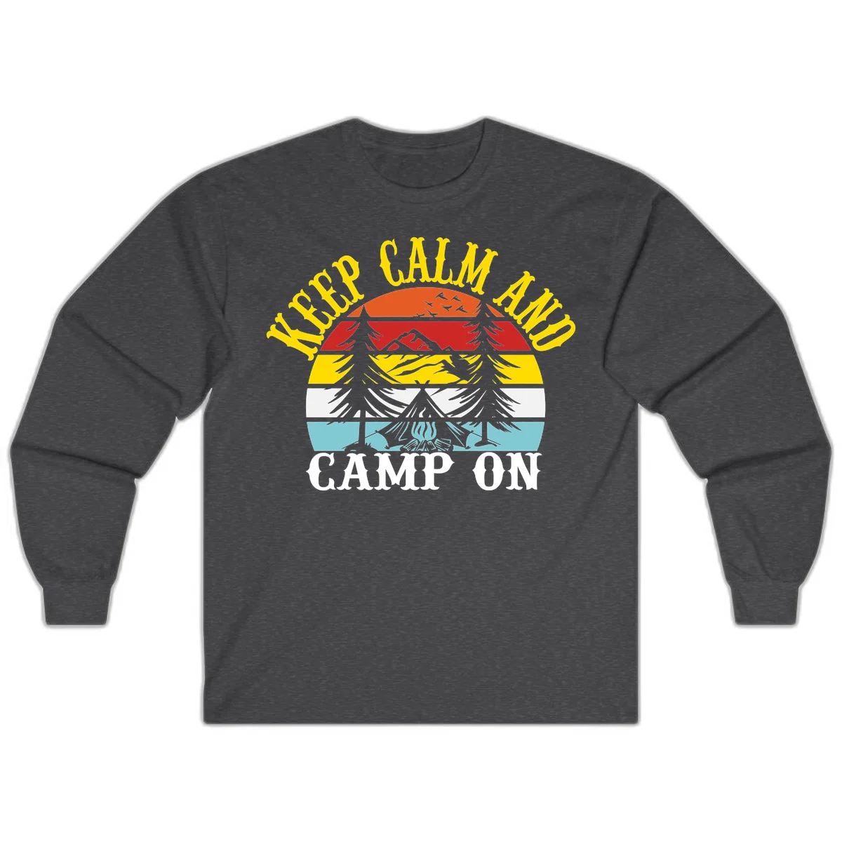 Keep Calm and Camp On design with colorful horizontal stripes, tree roots, and camping-themed text banner in Dark Heather