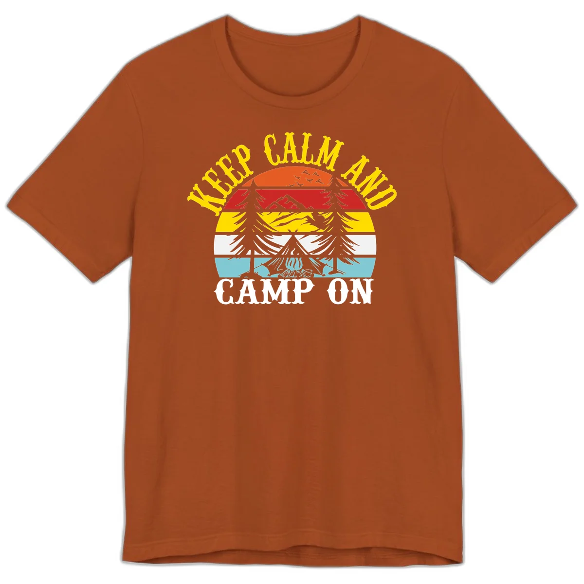 Keep Calm and Camp On design with colorful horizontal stripes, tree roots, and camping-themed text banner in Autumn