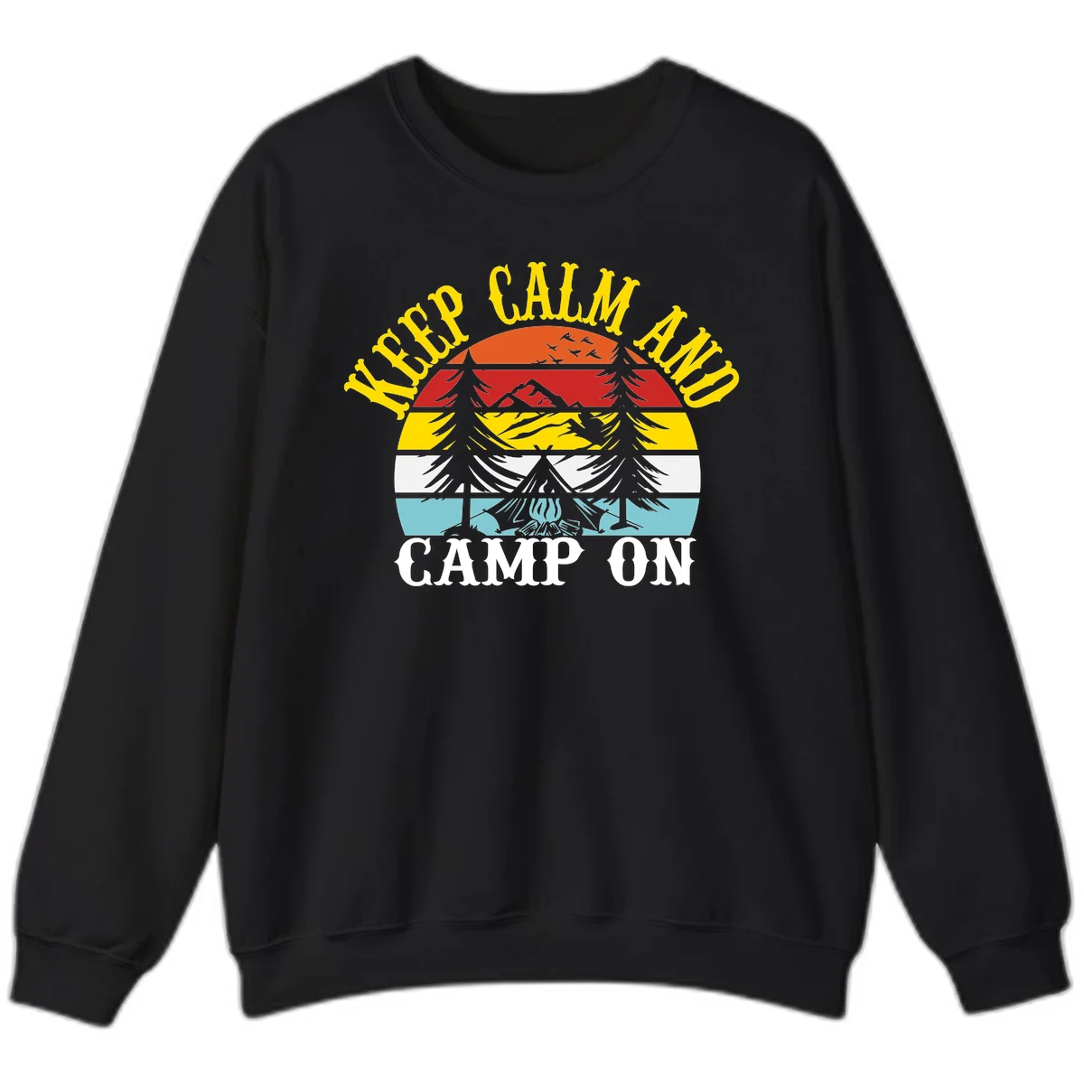 Keep Calm and Camp On design with colorful horizontal stripes, tree roots, and camping-themed text banner in Black