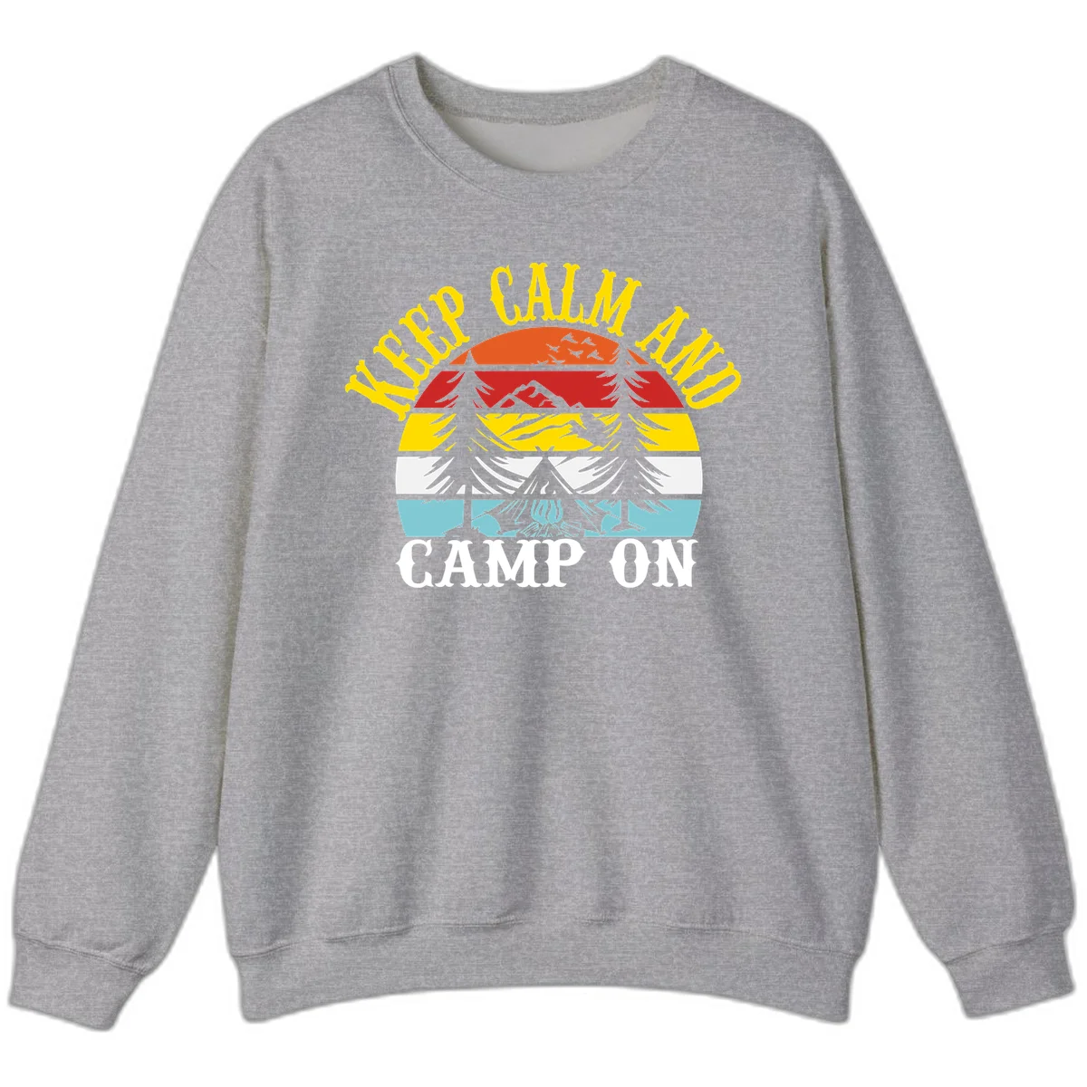 Keep Calm and Camp On design with colorful horizontal stripes, tree roots, and camping-themed text banner in Sport Grey