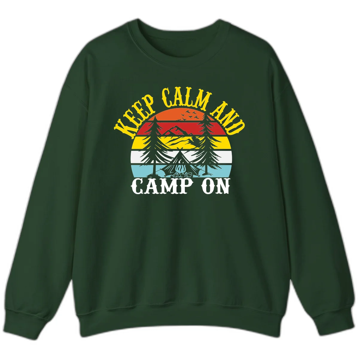 Keep Calm and Camp On design with colorful horizontal stripes, tree roots, and camping-themed text banner in Forest Green