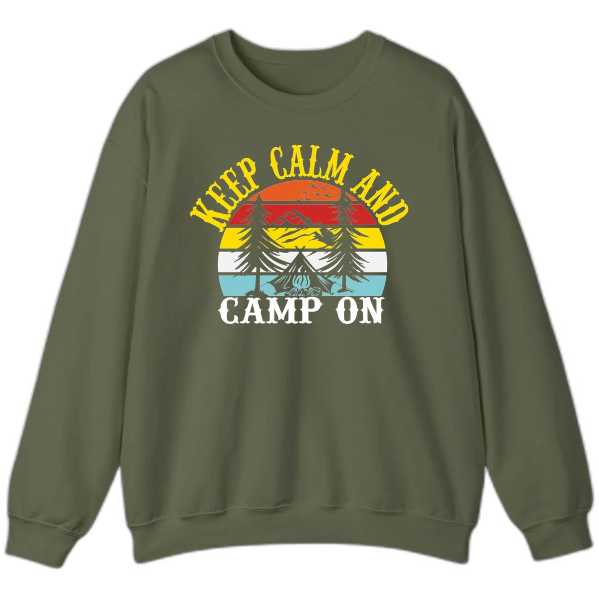 Keep Calm and Camp On design with colorful horizontal stripes, tree roots, and camping-themed text banner in Military Green