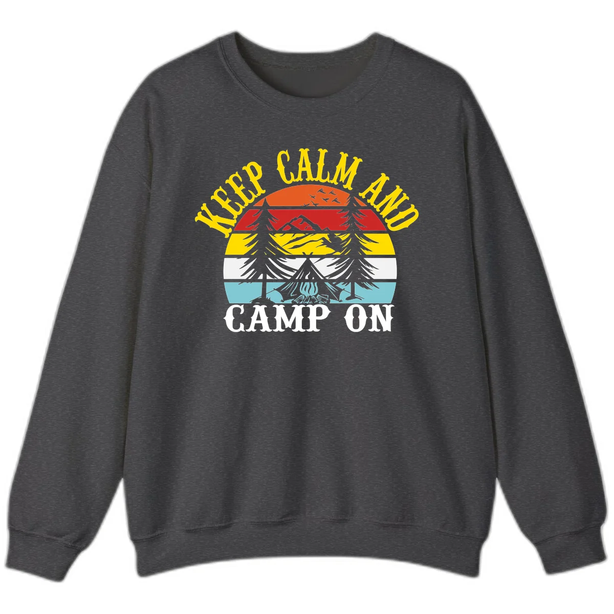 Keep Calm and Camp On design with colorful horizontal stripes, tree roots, and camping-themed text banner in Dark Heather